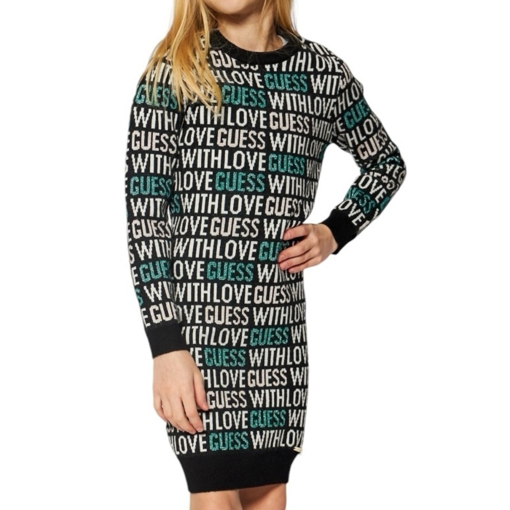 Guess Sweater Dress Logo Spell Out Black White Green With Glitter Sz 14 - Picture 2 of 9